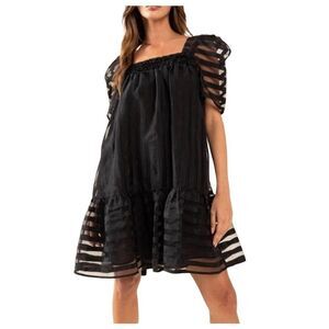 Ces Femme Women's Black Poly Organza w Black Cotton Lining Puff Sleeve Babydoll